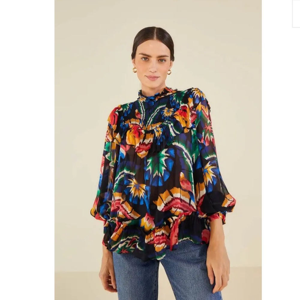 NWT FARM Rio Chevron Forest Black Blouse – Size XS‎